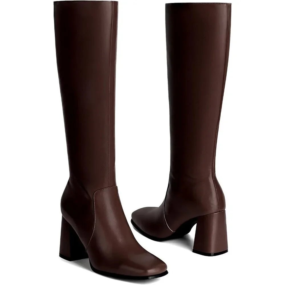 Women's Coffee 3.35-inch Square Toe Knee High Boots Chunky Block Heel Tall